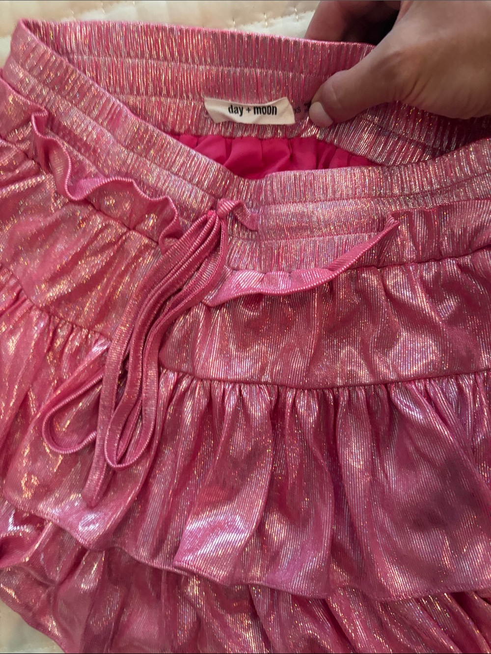 day + moon Pink Metallic Ruffle Mini Skirt